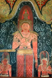 Murale sui muri del tempio di Kelaniya a Kelaniya Vihara, uno dei siti buddisti più sacri a circa sei miglia dalla capitale Colombo, Sri Lanka. 7 gennaio 2010